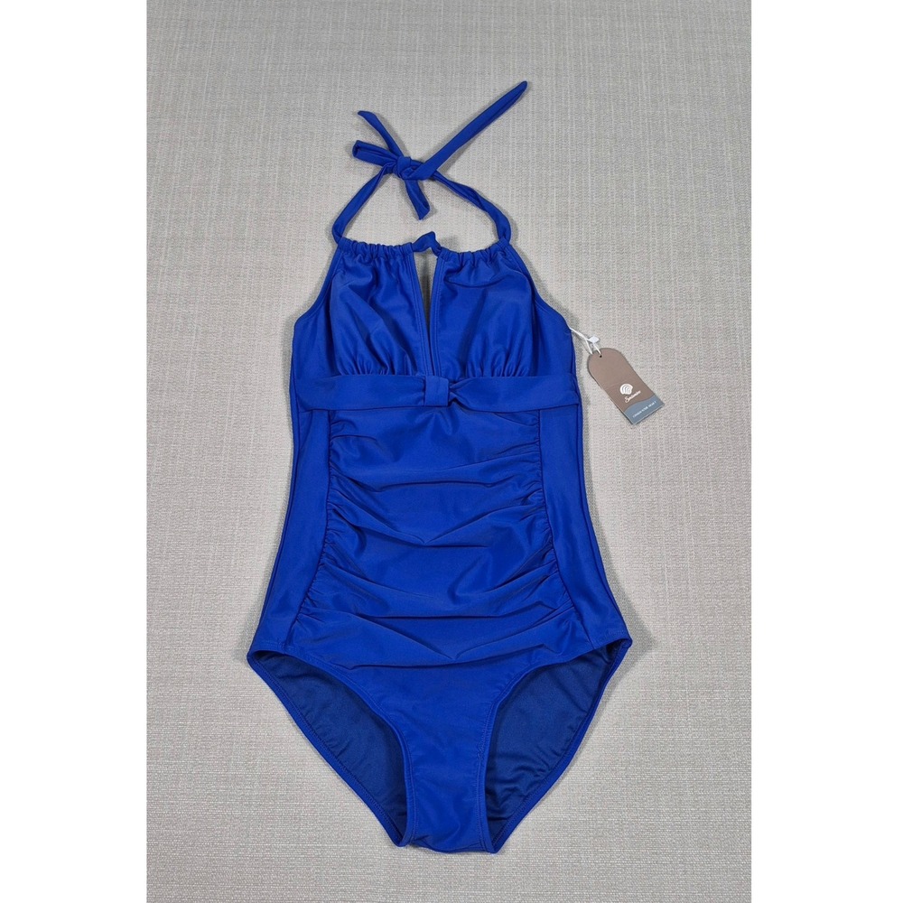 Smismivo Womens One Piece Halter Swimsuit Royal Blue Ruched Tummy Control Small